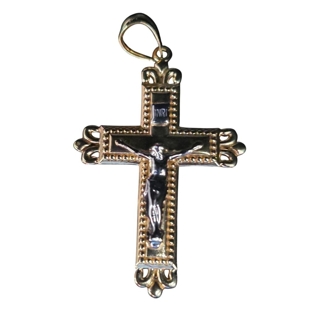 10K Two-Tone Gold Crucifix Cross Pendant INRI Jesus Charm 2.5g Religious Jewelry